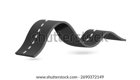 The road is paved in black with white dotted lines. The road is curved and has a high slope, vector 3d isolated on white background for logistics, transport, delivery advertising design