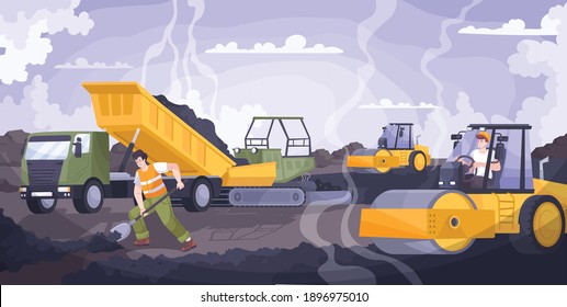 Road paving flat composition with workers laying asphalt and working on machines vector illustration