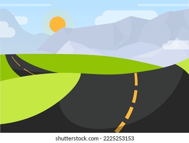 Road in perspective by mountains and sun