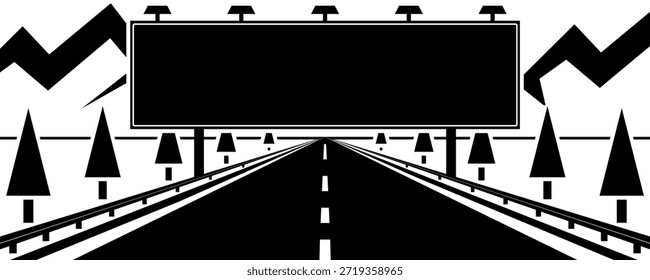 Ilustración de perspectiva de carretera con autopista vacía que conduce a la Grande valla publicitaria. Escena de Vector blanco y negro mínimo con árboles y montañas