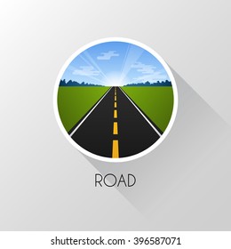 Road in perspective. Sunny weather. Flat style. Vector illustration.