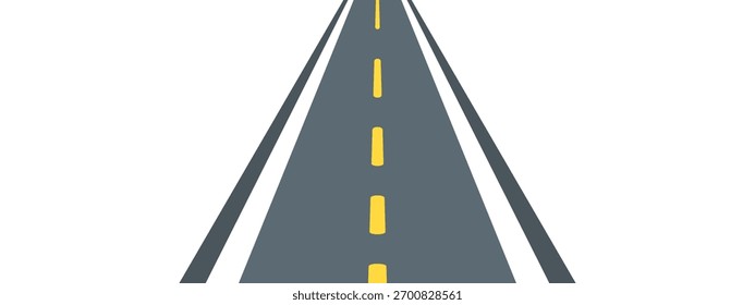 Carretera con vista en perspectiva que muestra la carretera que se extiende hacia el horizonte sobre fondo blanco. ilustración de asfalto muestra marcas de carril amarillo, crea efecto de profundidad con punto de fuga. gráfico de Vector