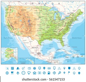 Road Physical Map of USA with roads, railroads, water objects, cities and capitals.