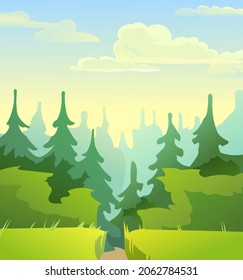Road to a pine forest through a farm rural field. Cute funny floral green landscape. Rural countryside. Illustration in cartoon style flat design. Vector.