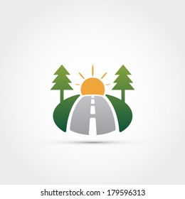 Road With Pine Trees And Sun Icon