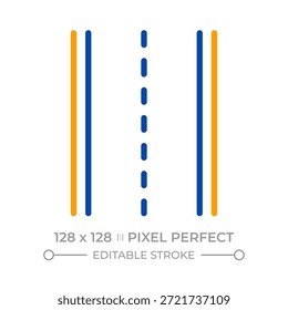 Ícone de linha de duas cores perfeito para pixel de estrada. Estrada de duas faixas separadas por marcação pontilhada. Símbolo do contorno bicolor da infraestrutura de tráfego. Pictograma linear duotônico. Ilustração isolada. Traçado editável