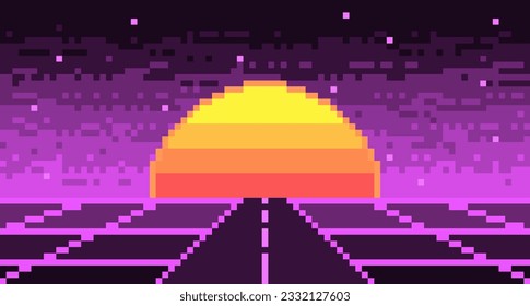 Road pixelated landscape with synthwave sun and stars background. Neon highway 8bit blank purple 80s grid with cyberpunk striped luminary. Electronic violet glow in 90s vector style