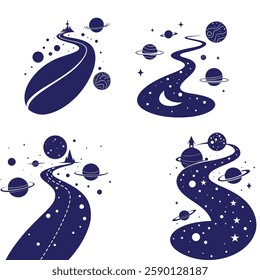 road with planets and stars, silhouette vector 