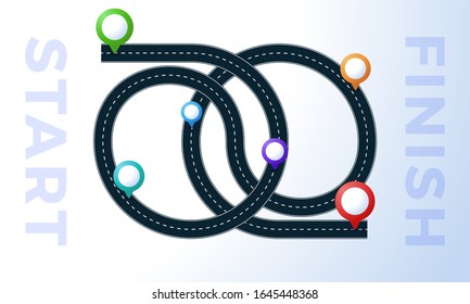 The Road From Point Start To Finish. Colorful Map Pin With Concept Of Hard Path Or Straight And Winding Road Or Mind Idea. Traffic Route Concept Wrong Or Hard Way.