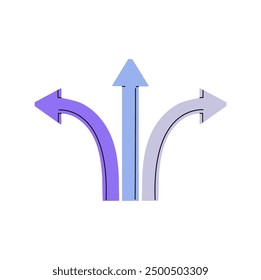 Road pointer with 3 arrows pointing direction: left, right, forward. Triple sign of fork. Option, choice of path. Split signpost showing turn of way. Flat isolated vector illustration on white