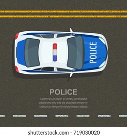 Road police patrol, vector illustration. Police car on asphalt road, top view. Street traffic and transport design elements.