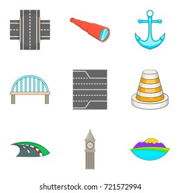 Road to port icons set. Cartoon set of 9 Road to port vector icons for web isolated on white background