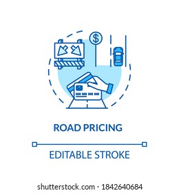 Road pricing concept icon. Distance and time based tax. Highway driver charges idea thin line illustration. Travel demand management. Vector isolated outline RGB color drawing. Editable stroke