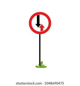 Road priority sign with two arrows advantage of oncoming traffic. Flat vector element for infographic poster or mobile app. Cartoon style icon