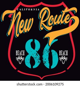 Road race design with text new route and number 86 black background