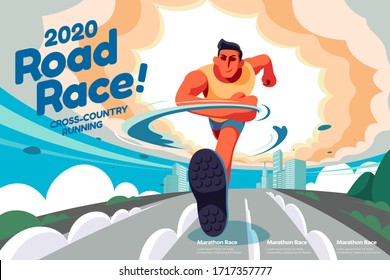 Road race event illustration with a man running forward in the city