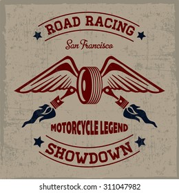 Road racing label with wheel and wings in the center, t-shirt design