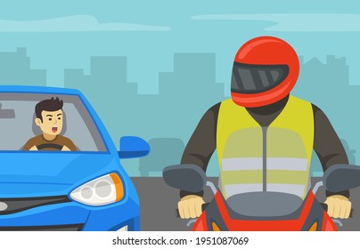 Road rage. Angry car driver yelling to motorcyclist on the city road. Close-up view of a motorcycle rider. Flat vector illustration template.