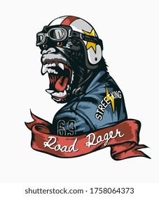 road rager slogan with gorilla in helmet and leather jacket illustration