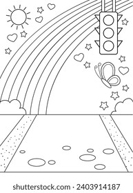 Road with a rainbow, traffic lights, butterflies. Background, coloring page, black and white vector illustration.