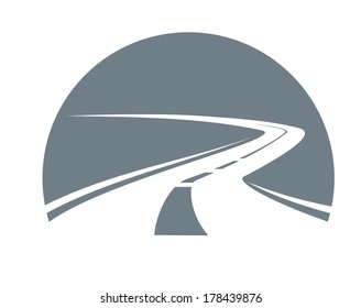 Road receding into the distance winding away logo to the point of infinity, grey and white vector icon