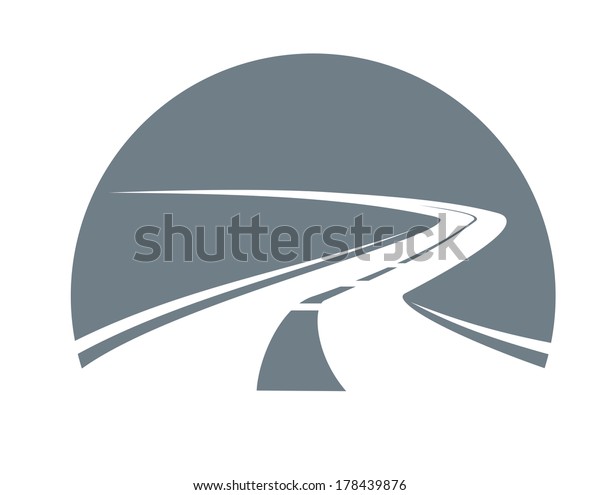 Road receding into\
the distance winding away logo to the point of infinity, grey and\
white vector icon