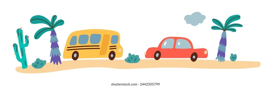 Road with red car and yellow bus. Vector illustration for card, poster, decoration. Doodle style