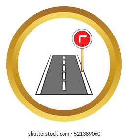 Road and red road sign pointing right vector icon in golden circle, cartoon style isolated on white background