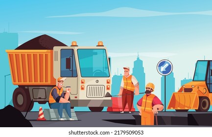 Road repair cartoon background with machinery and brigade of road workers in uniform flat vector illustration