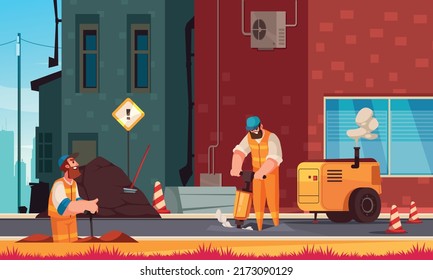 Road repair cartoon background with two men in uniform working with maintenance equipment flat vector illustration