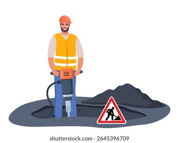 Road repair composition. Construction worker stands with Jackhammer, ready to break ground. Smiling male character industrial worker or builder.