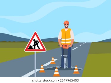 Road repair composition. Construction worker stands with Jackhammer, ready to break ground. Smiling male character industrial worker or builder.