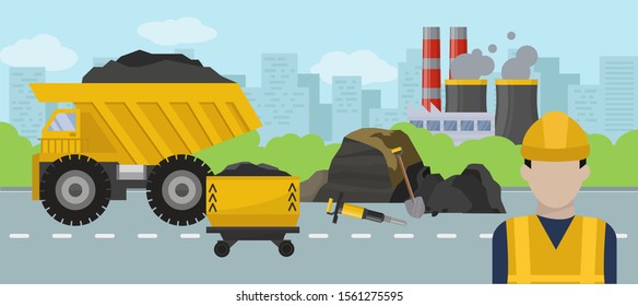 Road repair with construction machine and worker man in uniform vector illustration concept. Equipment truck, trolley, jack hammer and shovel. Factory smoking chimneys background.