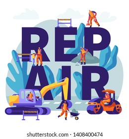 Road Repair with Construction Machines and Working People Concept. Excavator and Rolling Heavy Vehicles Making Asphalt Maintenance. Poster, Banner, Flyer, Brochure. Cartoon Flat Vector Illustration