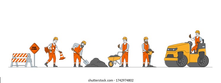 Road Repair with Construction Machines and Working People Characters. Rolling Heavy Vehicles Making Asphalt Maintenance. Machinery and Warning Traffic Cones Signs. Linear People Vector Illustration