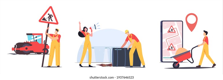 Road Repair with Construction Machines and Working Characters. Rolling Heavy Vehicles Making Asphalt Maintenance. Machinery and Warning Traffic Sign, Smartphone App. Cartoon People Vector Illustration