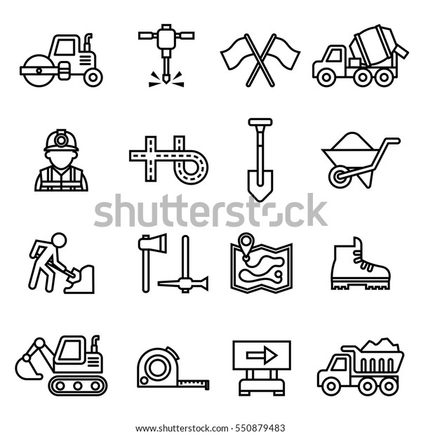 Road repair, construction and maintenance icon\
set. Line Style stock\
vector