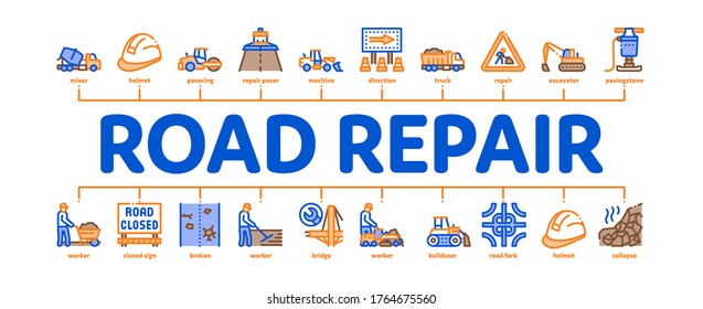 Road Repair And Construction Minimal Infographic Web Banner Vector. Road Repair And Maintenance Equipment, Builder Protect Helmet And Cart, Bulldozer And Truck Illustration