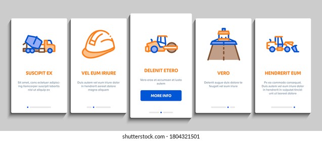 Road Repair And Construction Onboarding Mobile App Page Screen Vector. Road Repair And Maintenance Equipment, Builder Protect Helmet And Cart, Bulldozer And Truck Color Illustrations