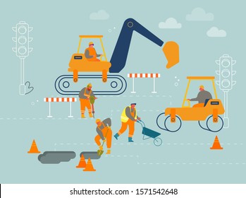 Road Repair with Construction Roller Machine, Excavator Dig Hole in Ground, Builders Remove Soil with Shovel and Wheelbarrow. Bagger Excavating Work on Foundation Cartoon Flat Vector Illustration