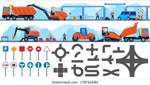 Road repair construction vector illustration flat set. Cartoon worker repairman character working on constructing equipment truck, people building concrete asphalt highway, roadworks isolated on white