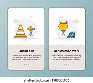 road repair construction work campaign for onboarding mobile apps application banner template with filled color style
