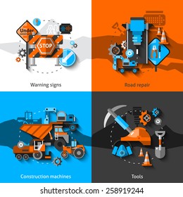 Road repair design concept set with warning signs construction machines and tools flat icons isolated vector illustration