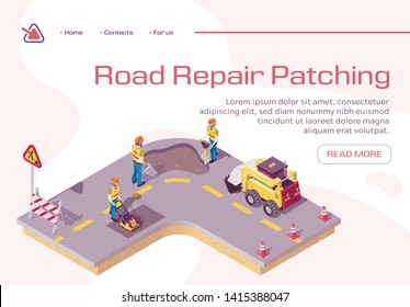 Road Repair, Excavator Cover Hole in Ground with Concrete, Worker Patching Fresh Asphalt, Bagger Excavating Work on Highway, Construction Machinery in Action. Bad Road Isometric 3d Vector Illustration