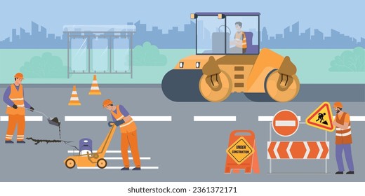 Road repair flat background with brigade of male workers in road form making asphalt maintenance vector illustration