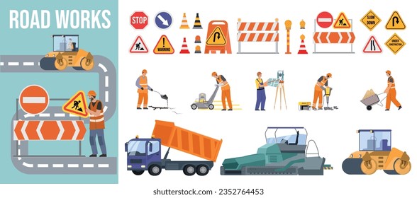 Road repair flat composition consisting of heavy equipment road signs and people performing geodetic and road works vector illustration