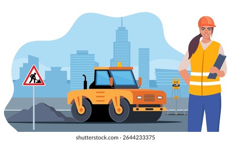 Road repair flat composition consisting of heavy equipment road signs and people performing geodetic and road works vector illustration