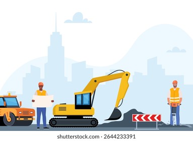 Road repair flat composition consisting of heavy equipment road signs and people performing geodetic and road works vector illustration
