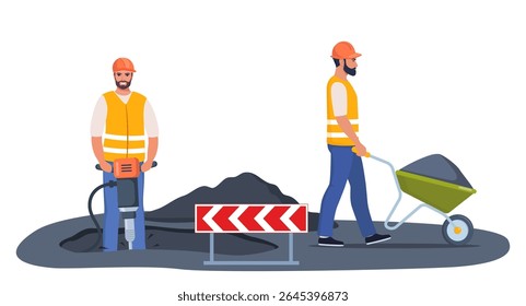 Road repair flat composition consisting of heavy equipment road signs and people performing geodetic and road works vector illustration