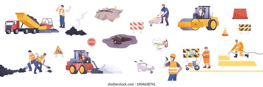 Road repair flat icon set workers in special uniforms machines   barriers for work vector illustration